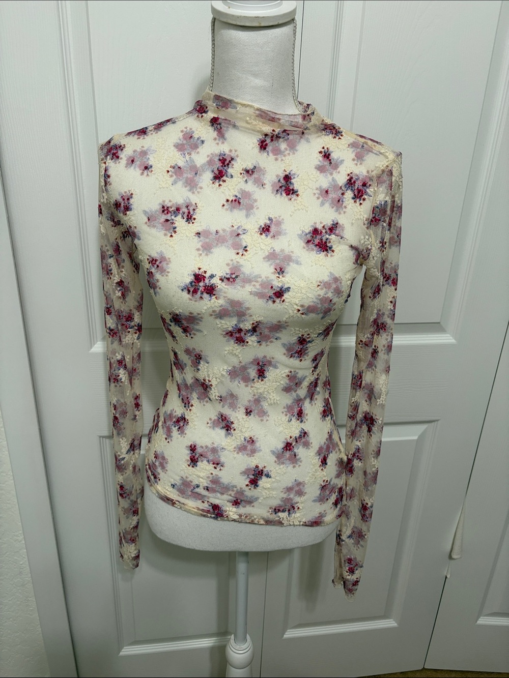 Free People Sheer Floral Mock Neck Long Sleeve Top - Cream with Pink